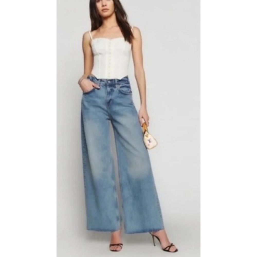 Reformation Iggy Super Wide Leg Slouch Jeans Atwood Blue 29 High Rise Raw Hem
